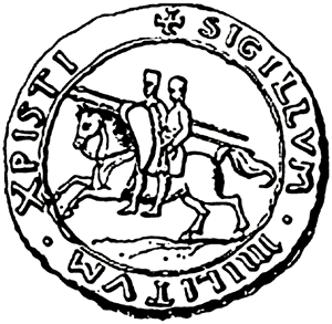 The original seal of the Knights Templar, illustrating their poverty through the two knights sharing one horse