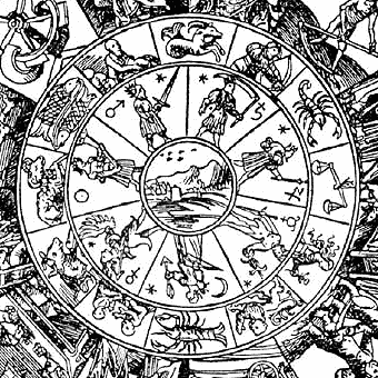 A 16th c. woodcut detail showing the symbolic glyphs of the twelve Zodiacal signs and their seven planetary rulers